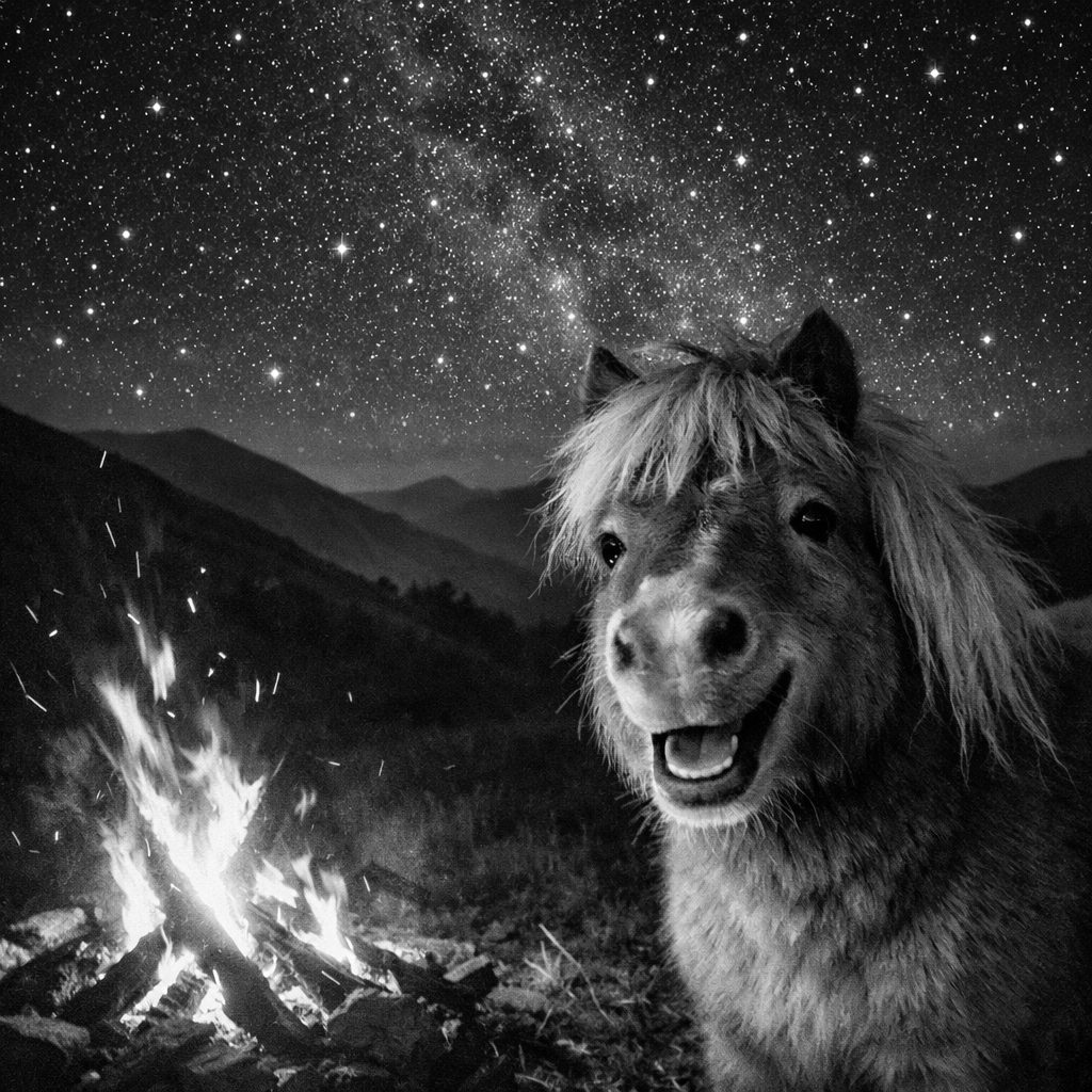 A shaggy Shetland pony grinning beside a campfire under the Milky Way